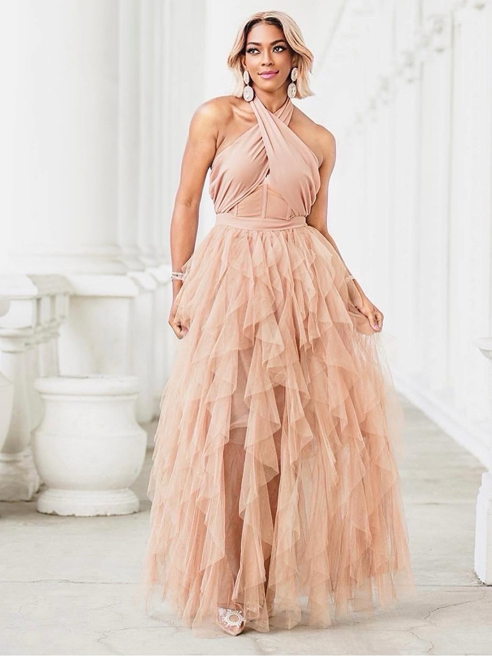 Ruched Halter Ruffled Tulle Maxi Dress in Blush Tan